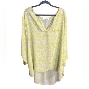 Cato Yellow and White Patterned V-Neck High/Low Tunic